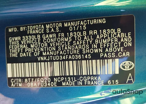 2015 Toyota Yaris L из США, поврежденный, VIN VNKJTUD34FA036145